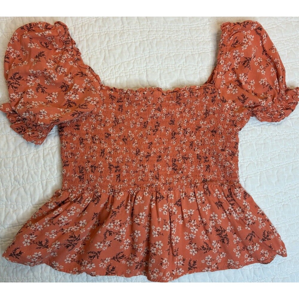 Patrons of Peace Peplum Top Womens Small Orange Floral Smocked Crop Milkmaid - Picture 9 of 10